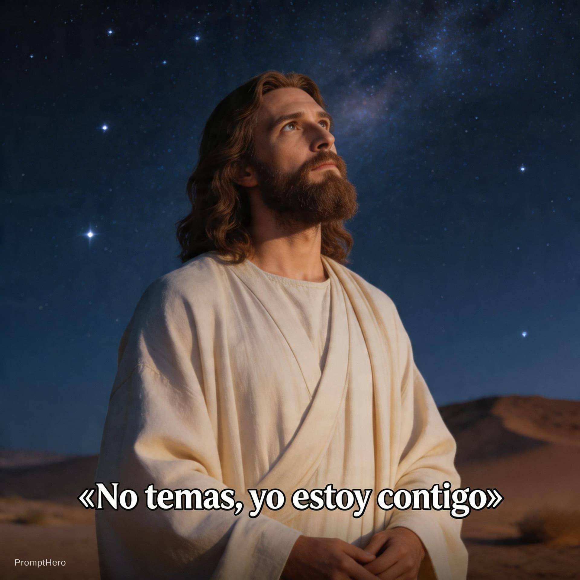 AI generated: un hombre parecido a jesucristo mirando las estrellas y diciendo una frase celebre en voz off