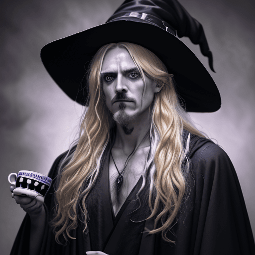 AI generated: A surprised man with long, messy blonde hair dressed as a witch with a hat, wearing a black robe wit...
