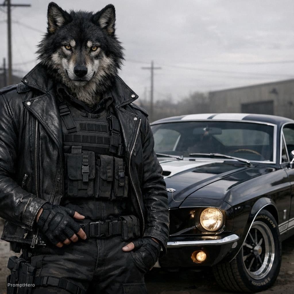AI generated: Realistic, male humanoid wolf, black open leather jacket with black military gear underneath it, no ...