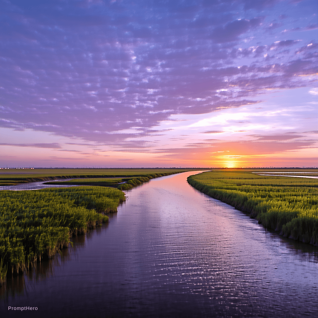 AI generated: Generate and image of a horizon from the middle of a river with wetlands on both sides and a beautif...