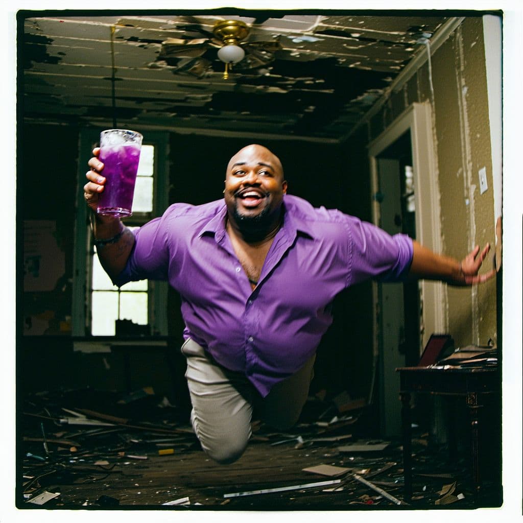 AI generated: grainy 80's photograph quality polaroid of big fat bald elated black man floating in the air with a ...