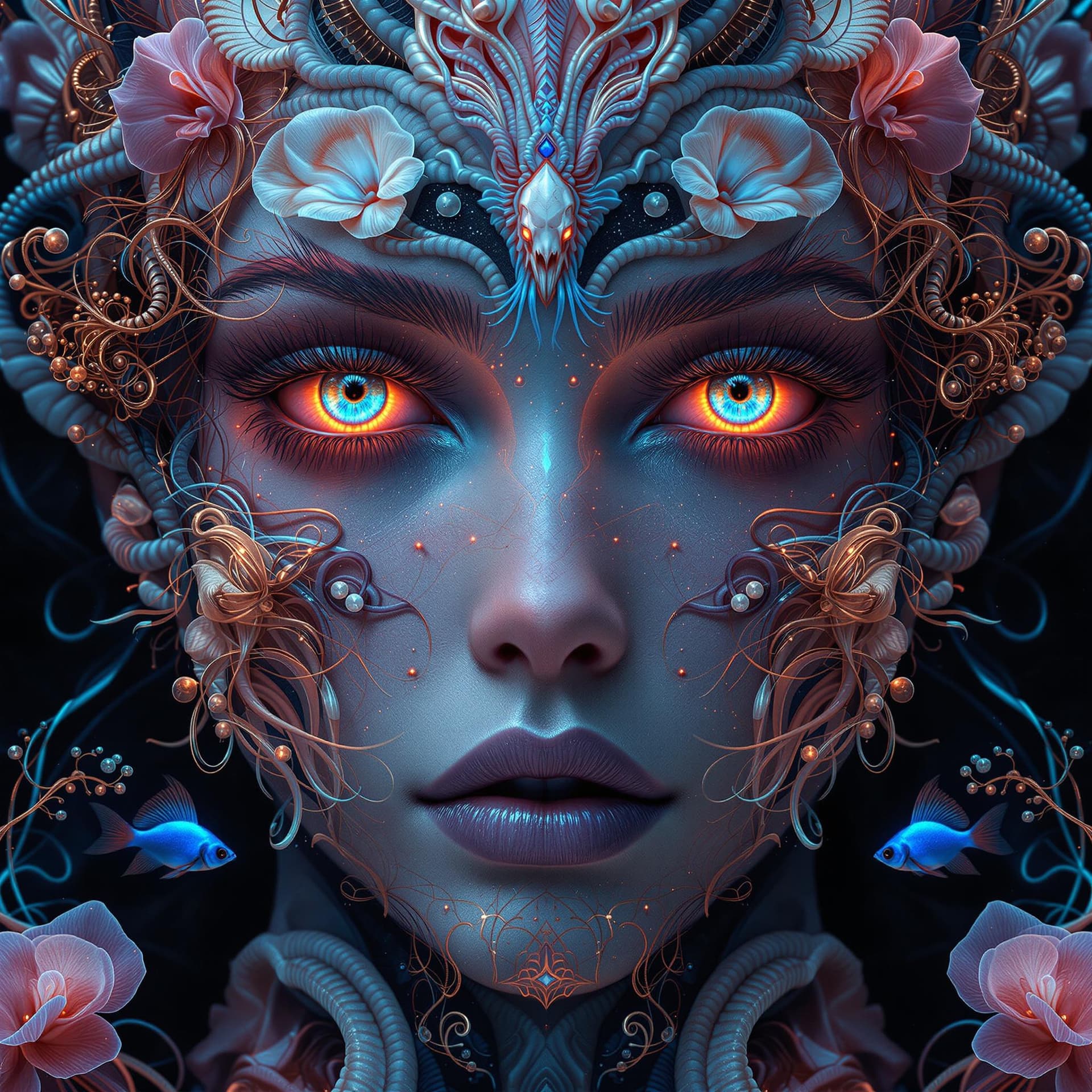 AI generated: Goddess close-up portrait ribcagel. jellyfish phoenix head, nautilus, orchid, skull, betta fish, bio...