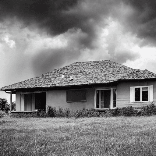 AI generated: house on a hill with 3 kids in the yard with storm clouds in the background