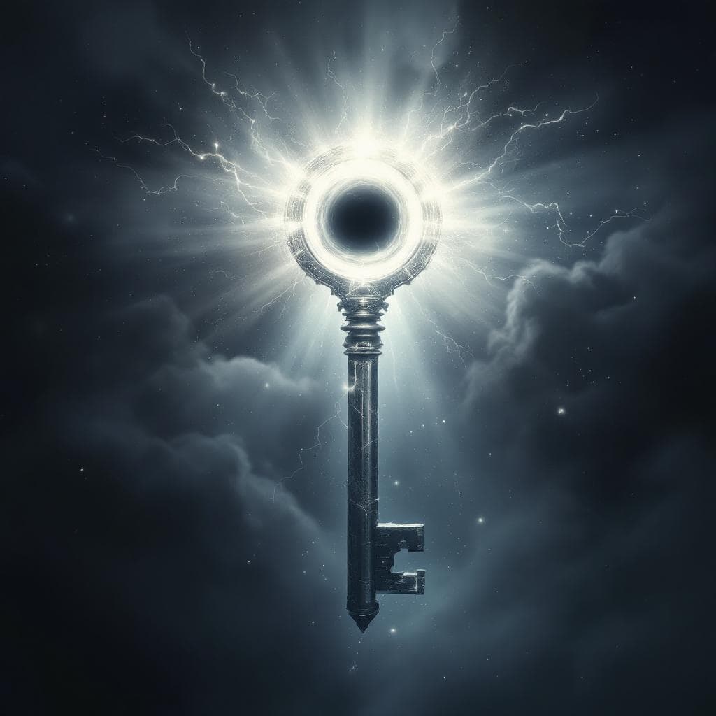AI generated: Create a key made of Light and energy with a black hole that has light flowing out of it at the hilt...