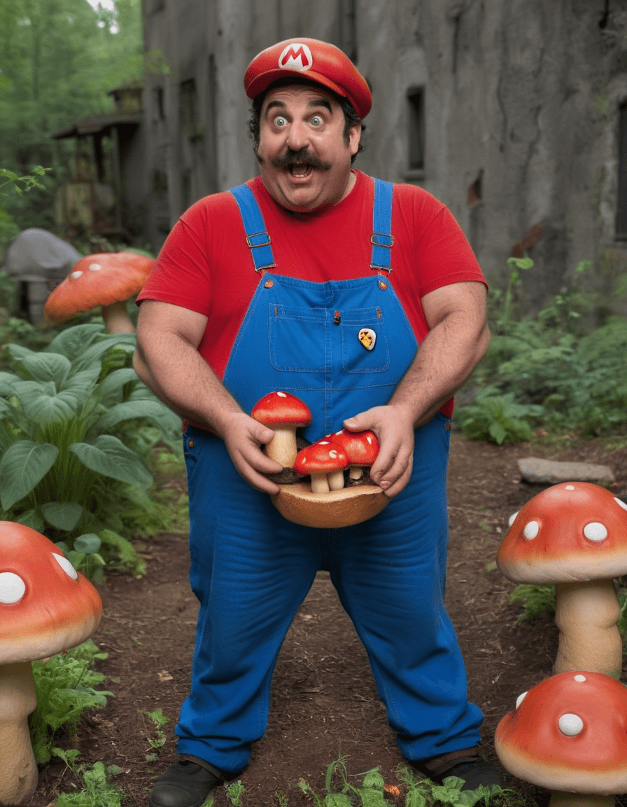 AI generated: fat greasy super mario eating giant red mushrooms, realistic, 8k, photo, black hairy arms, itilian, ...