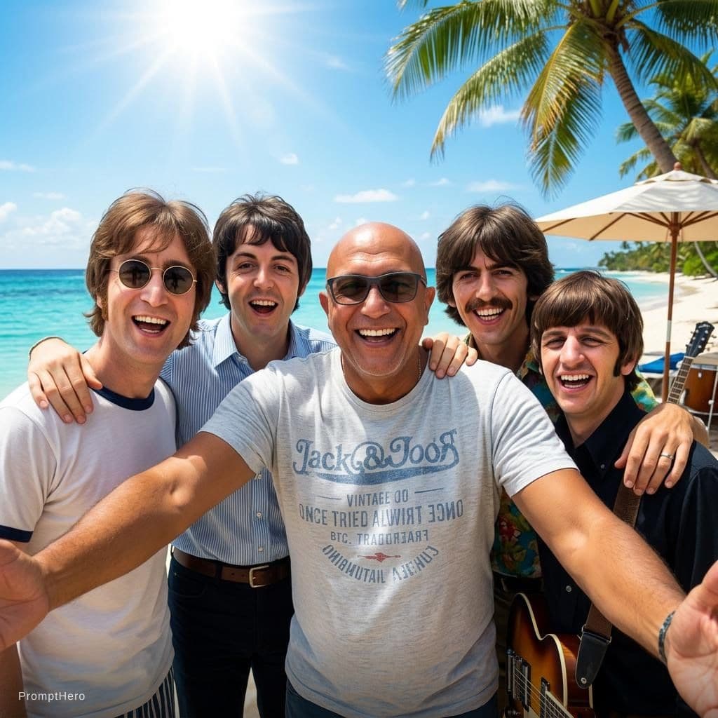 AI generated: with the beatles at a tropical beach, sunny day, both smiling