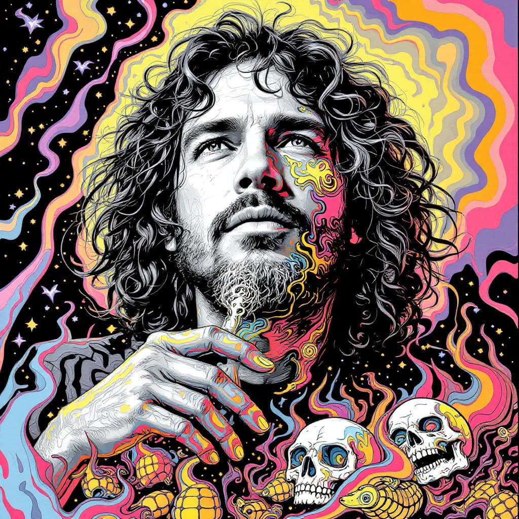 AI generated: grateful dead frontman jerry Garcia, in a psychedelic poster for the Jerry Garcia Band in 1982. Incl...
