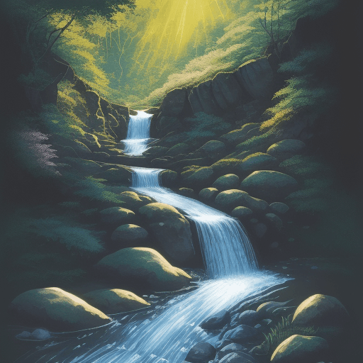 AI generated: Illustration of A serene mountain stream or waterfall. L-cut, Diamond pattern background, Chibi, Gou...