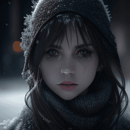 AI generated: cinematic portrait, dark theme, frost, future, snow, ice, sharp photo focus, street, symmetrical fac...