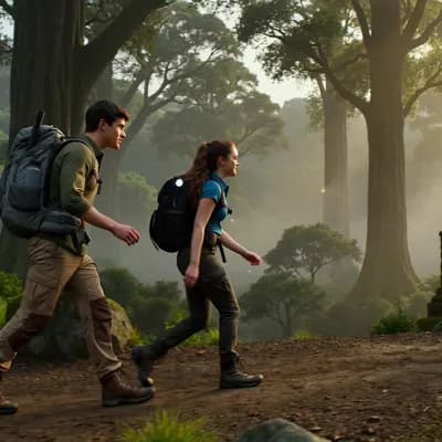 AI generated video: Two best friends begin an unforgettable journey deep into a massive dense forest filled with mystery...