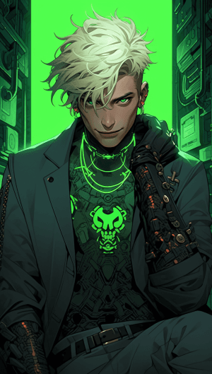 AI generated: An illustration of a charismatic man with platinum blonde hair, in the style of Papier-Collé, Thomas...
