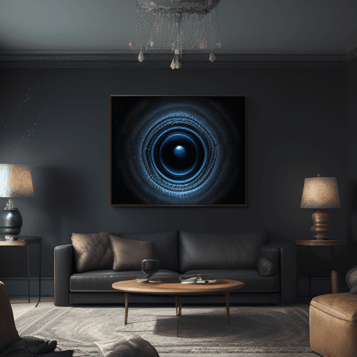 AI generated: a dark living room with hypnotic wall painting and a fish tank on the table, professional laandscape...