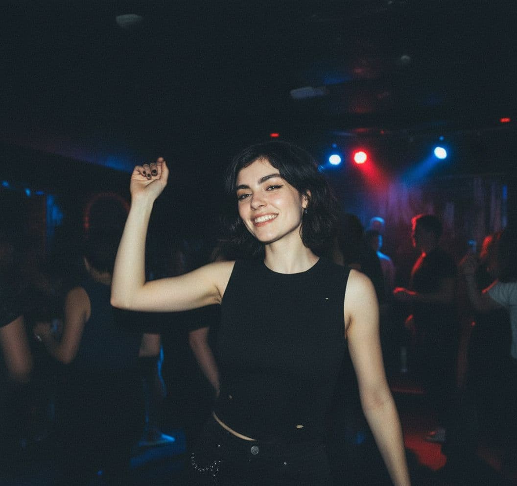 AI generated: a Grainy disposable camera photo in a club in her clubbing outfit remove her accessories and add a b...