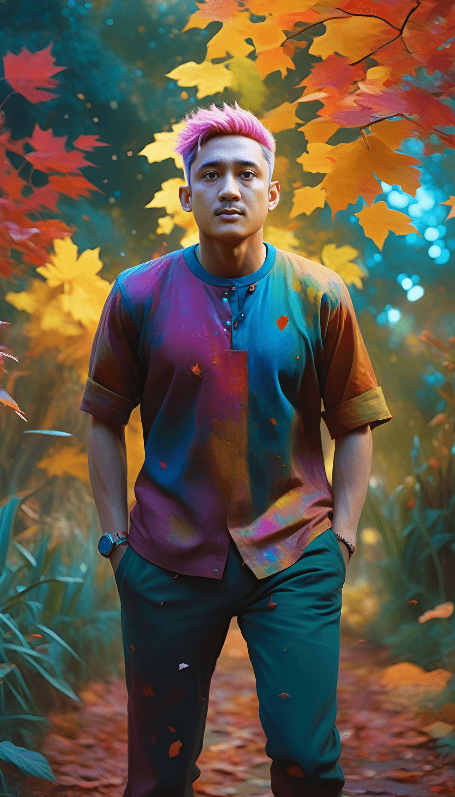 AI generated: beautiful angle view of Species man individual from another planet with multicolored hair, beautiful...