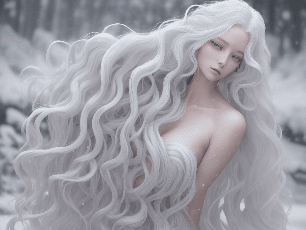 AI generated: The woman's hair is long, wavy, and snowy white, cascading down her back like a river of silk. Her s...