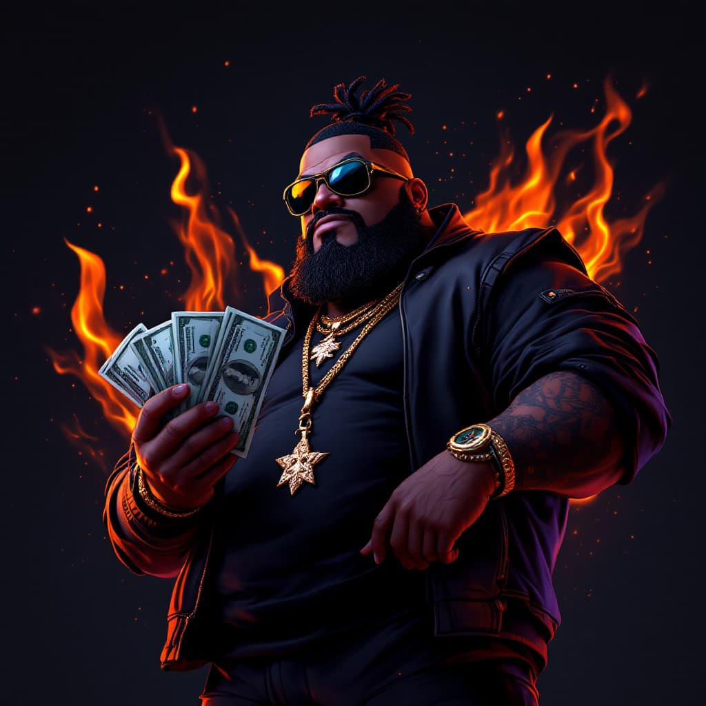 AI generated: dave blunts, a big fat black rapper as fortnite character holding dollars, orange black neon, dark b...