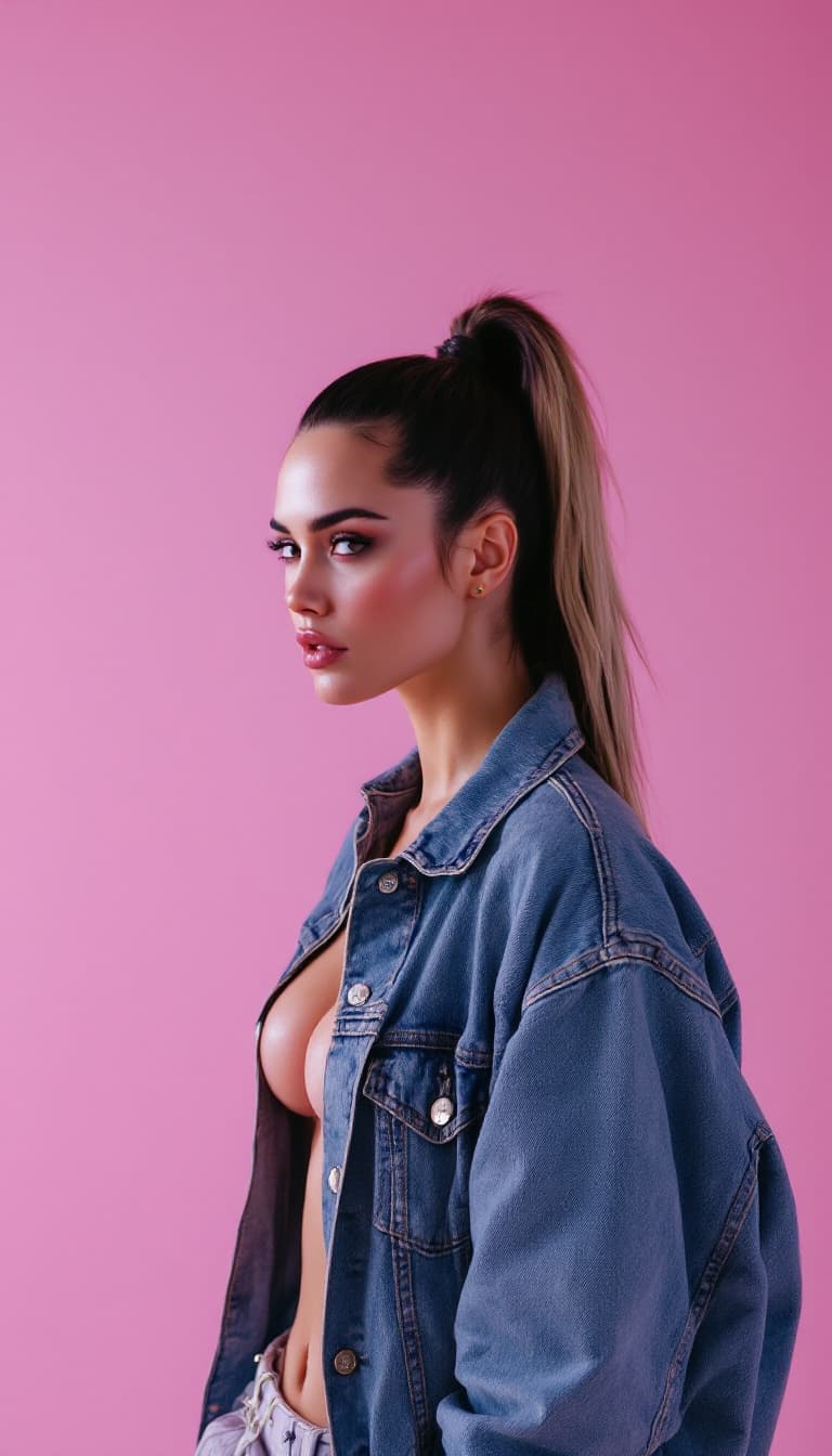 AI generated: Polarized photo ,Megan fox, hair tied in a high ponytail