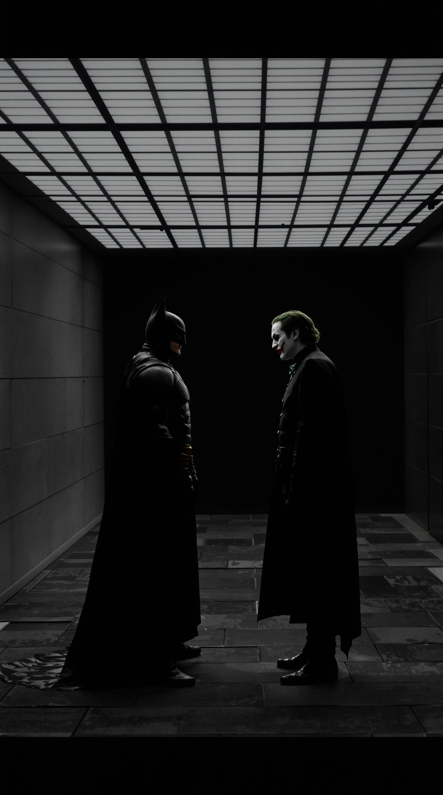 AI generated: high resolution cinematic photo, the black silhouette batman and joker meeting scene, monochromatic,...