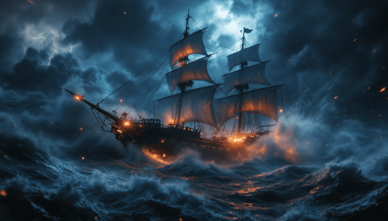 AI generated: Photo from above of a ultra realistic sailing ship, in the early 1800's, caught and being battered i...