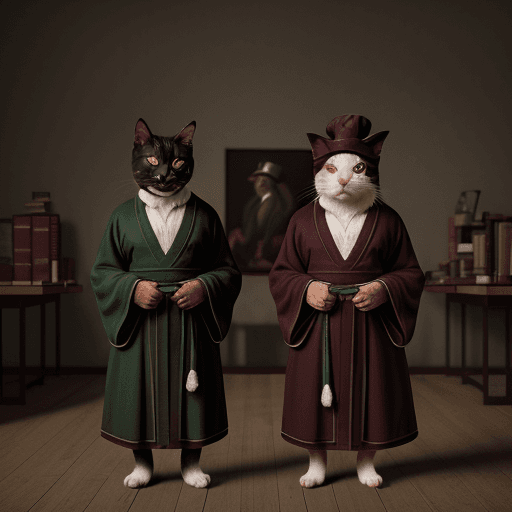 AI generated: a picture of two people, wearing cloth hats and robes, in the style of realistic animal portraits, u...