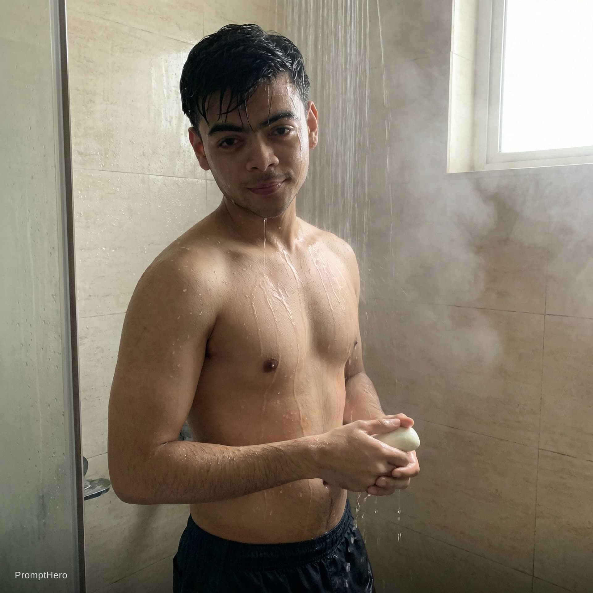 AI generated: Taking shower , full body with realistic look close 