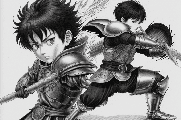 AI generated: monochrome, a little boy, brown hair with tuft, in golden armor, manga, ((without helmet)), in a fig...