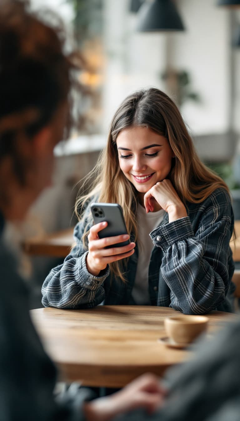 AI generated: a girls sitting kind of hunched over, elbows on table and looking at her iPhone screen, she is holdi...