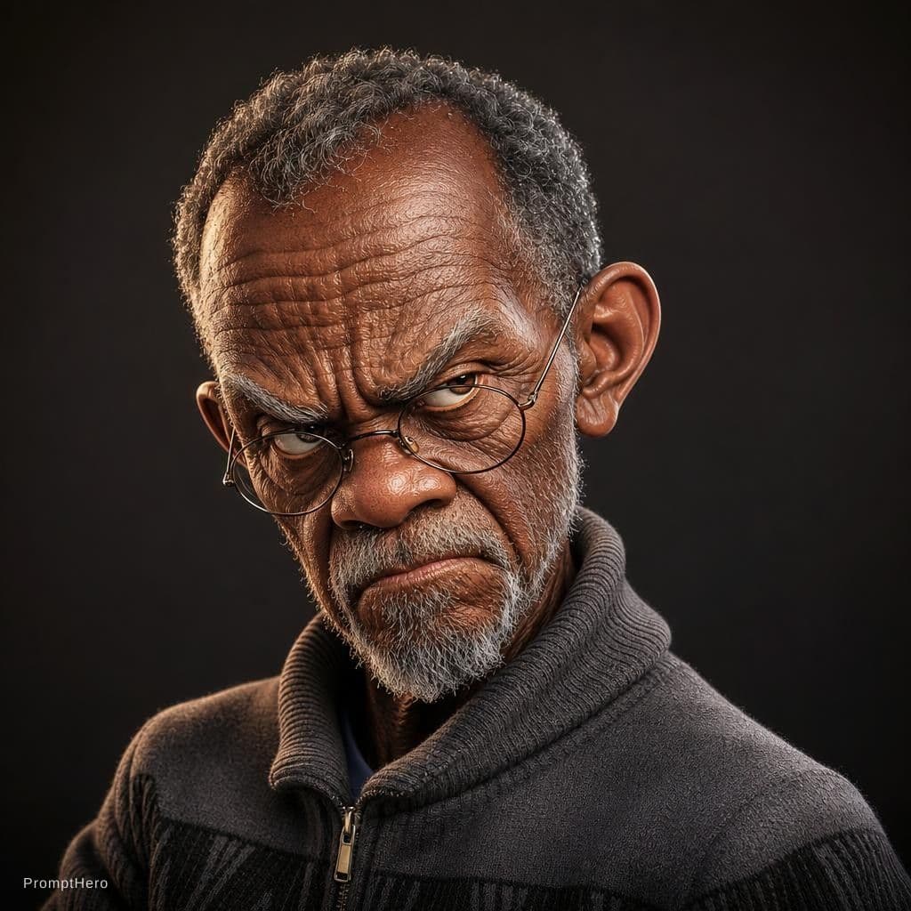 AI generated: Expressive caricature in pixar style unreal charming seemingly mischievous irritated very old man wi...