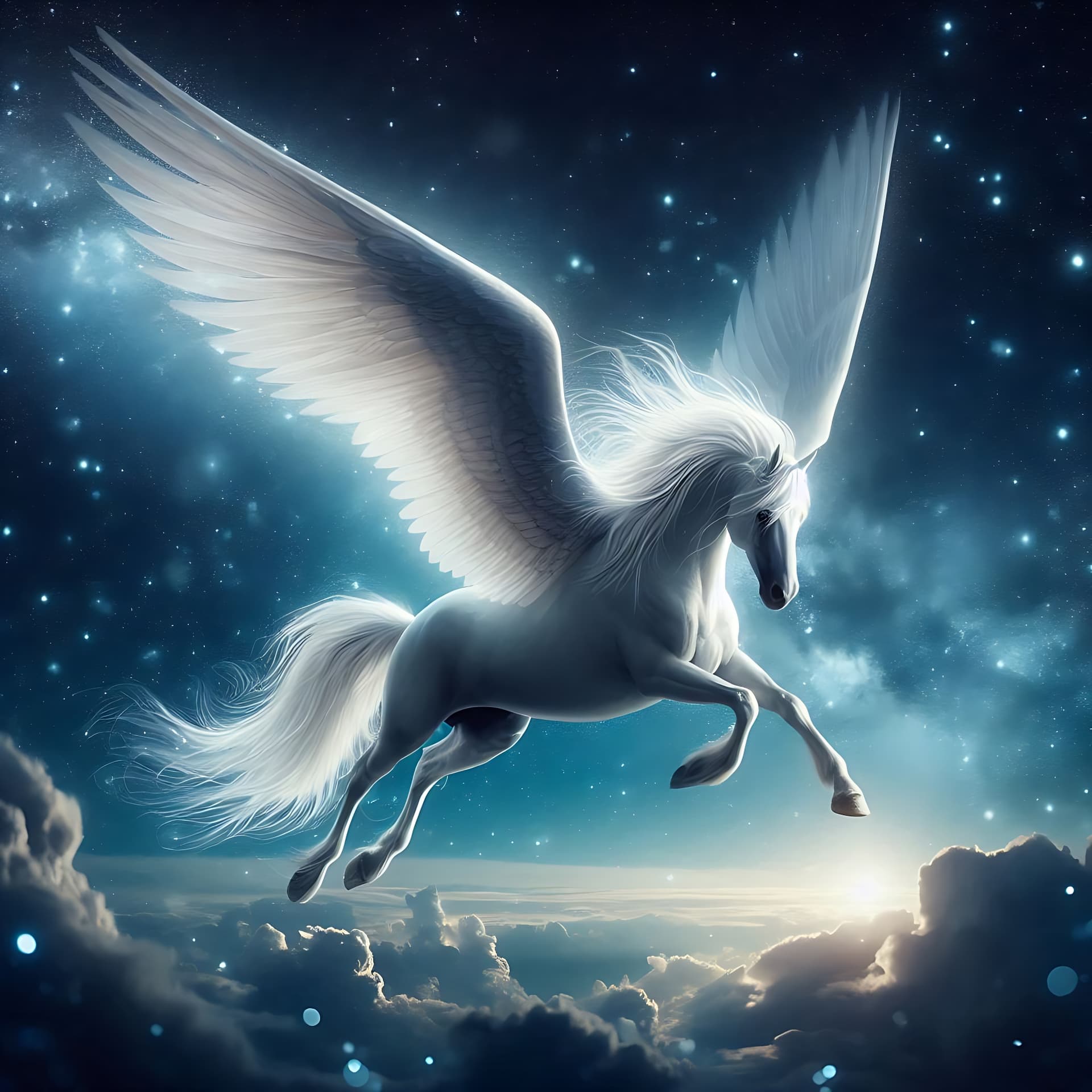 AI generated: Against a starlit sky, the Burak—a powerful male winged white horse—soars with ethereal speed and gr...