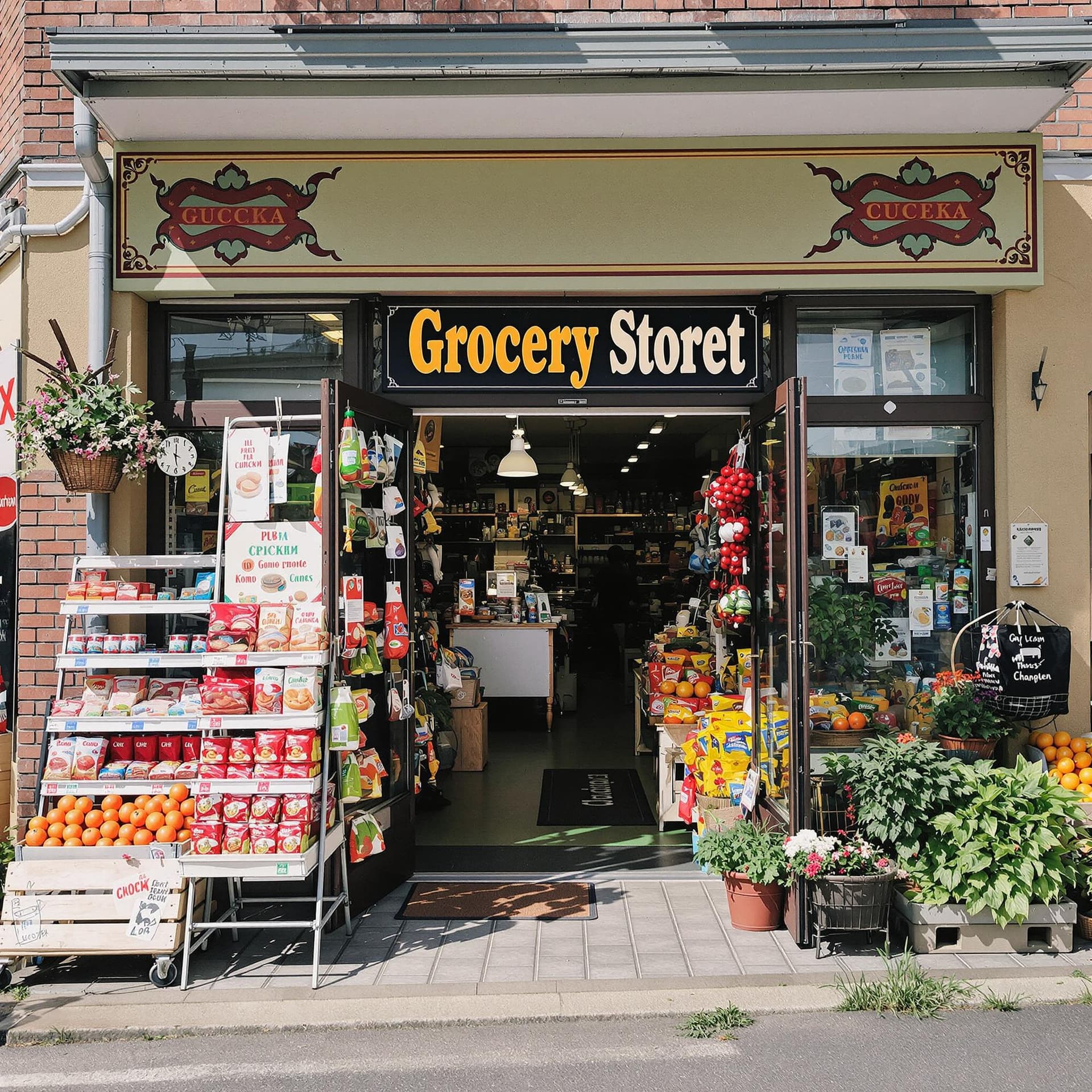AI generated: The photo shows the entrance to a grocery store in central Russia in summer

