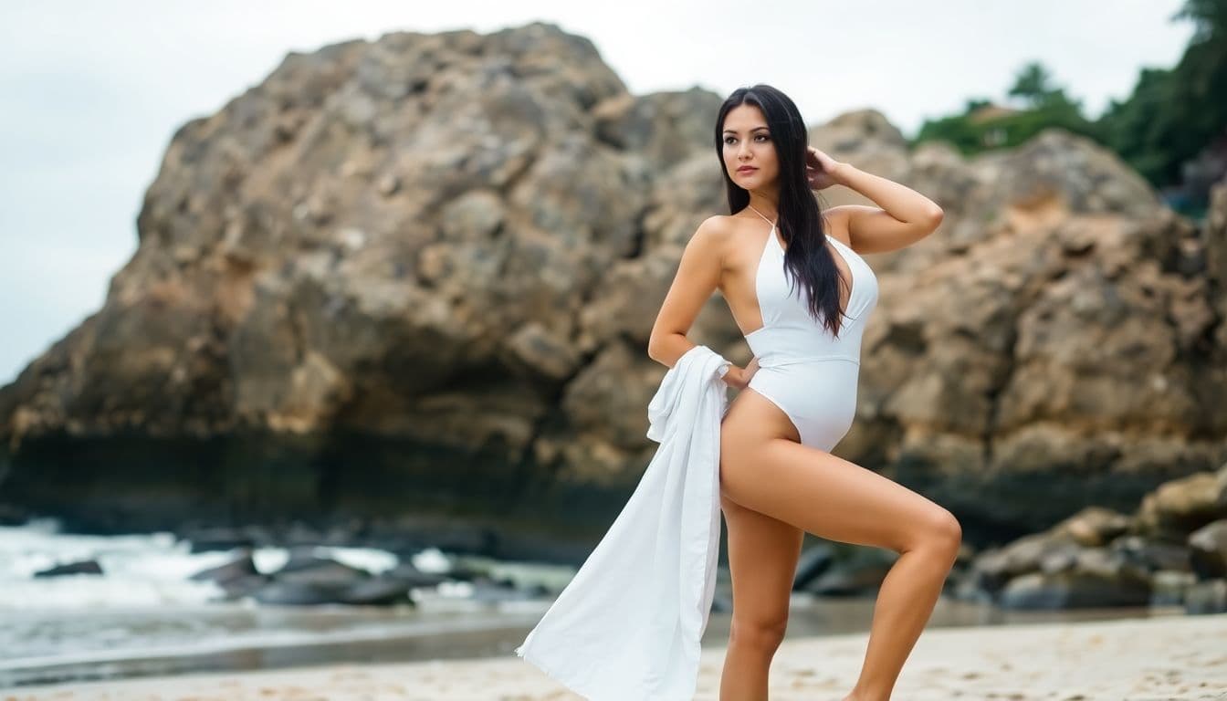 AI generated: a serene and natural setting, with a woman posing on a beach in front of a large rock formation. The...