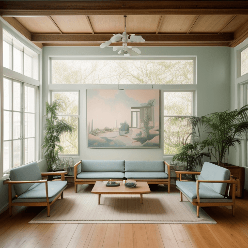 AI generated: High resolution photography interior design, dreamy sunken living room conversation pit, wooden floo...