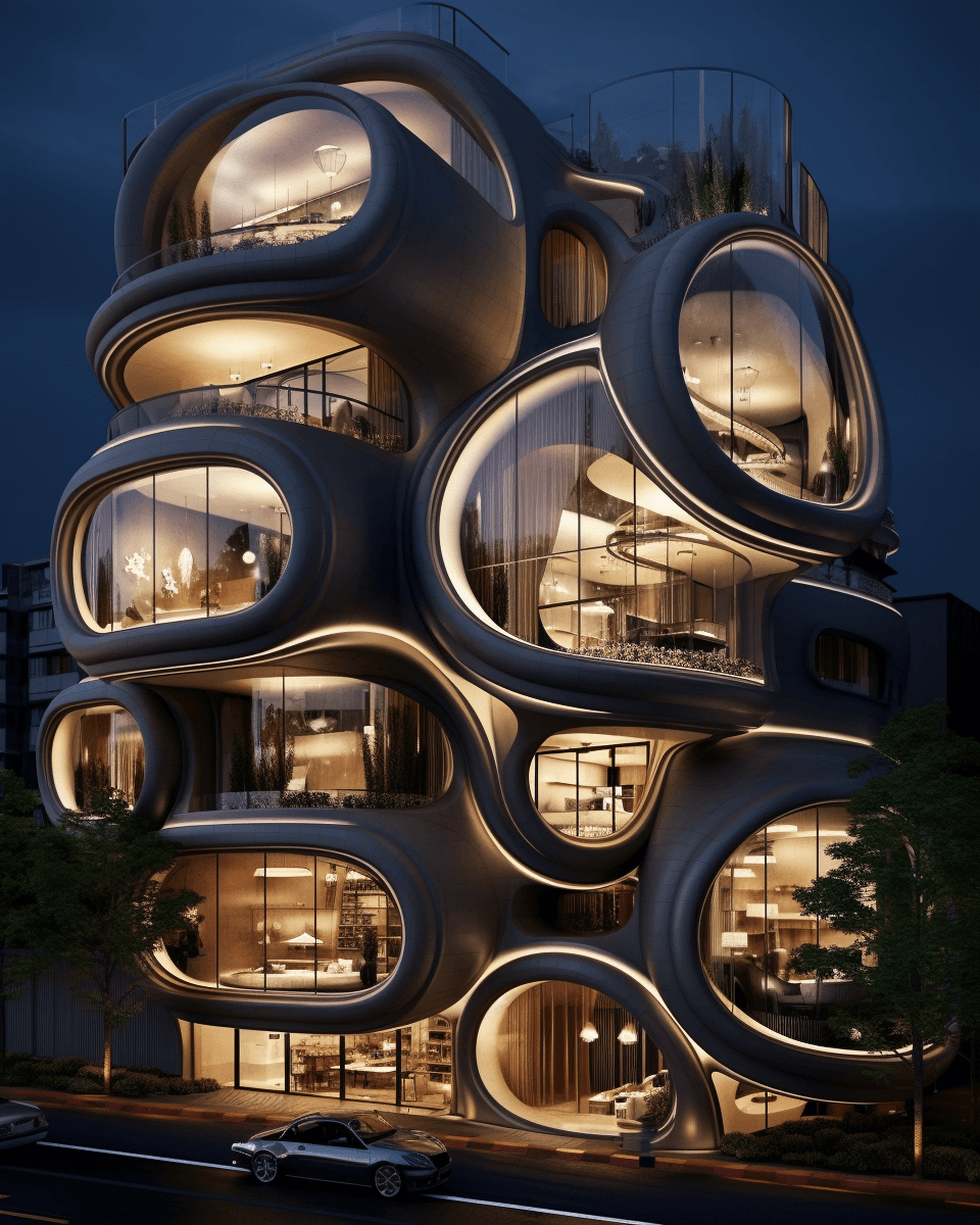 AI generated: this is a hotel that has a lot of windows, in the style of industrial and technological subjects, da...