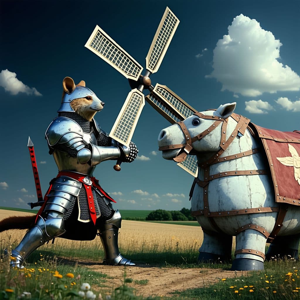 AI generated: a animal-faced knight  fight a windmill
