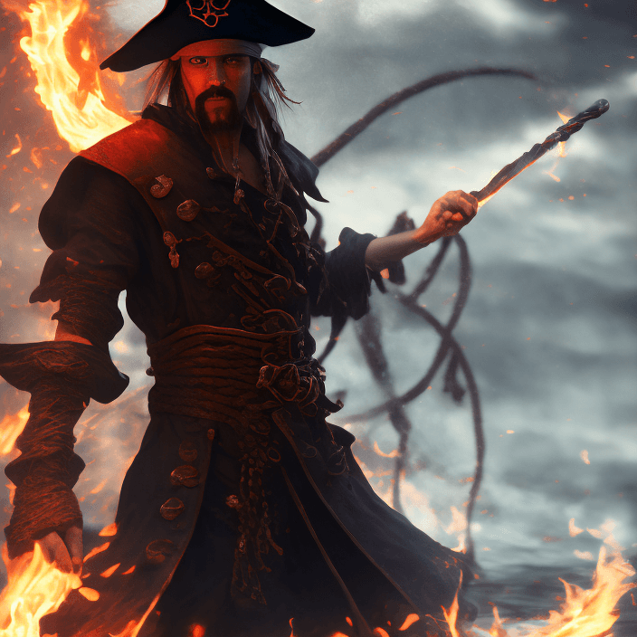 AI generated: close up shot photography of a fire pirate mage against a water manifestation, heroic fantasy, reali...