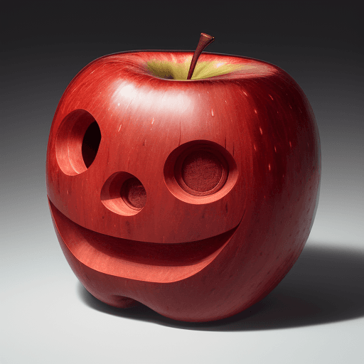 AI generated: photorealistic image of a red apple with a carved shape of {{Robot}} on its side. The carving should...