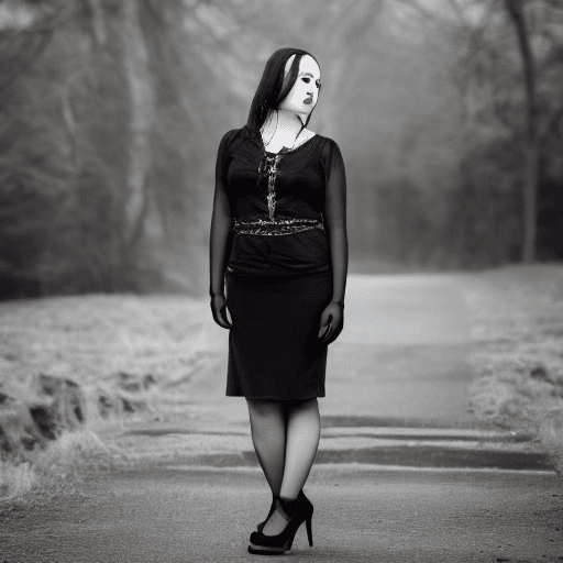 AI generated: A very pretty goth lady posing in a black top and black micro skirt, with long black hair, Fujifilm ...