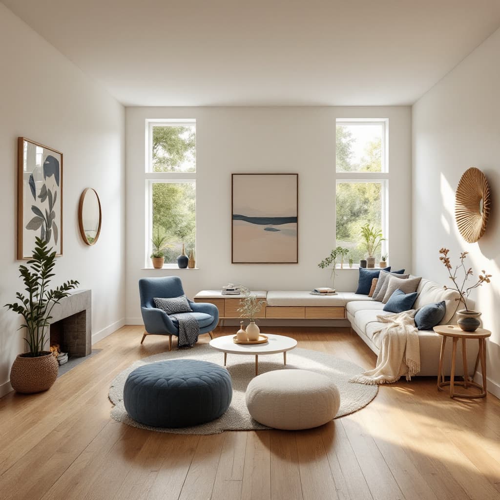 AI generated: High resolution photography interior design, dreamy sunken living room conversation pit, wooden floo...
