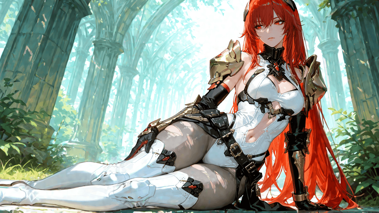 AI generated: 1girl, <lora:VeraGeiravor_PGR_IL:1> VeraGrvrPGR, Vra_Def, red eyes, red hair, armored leotard, sleev...