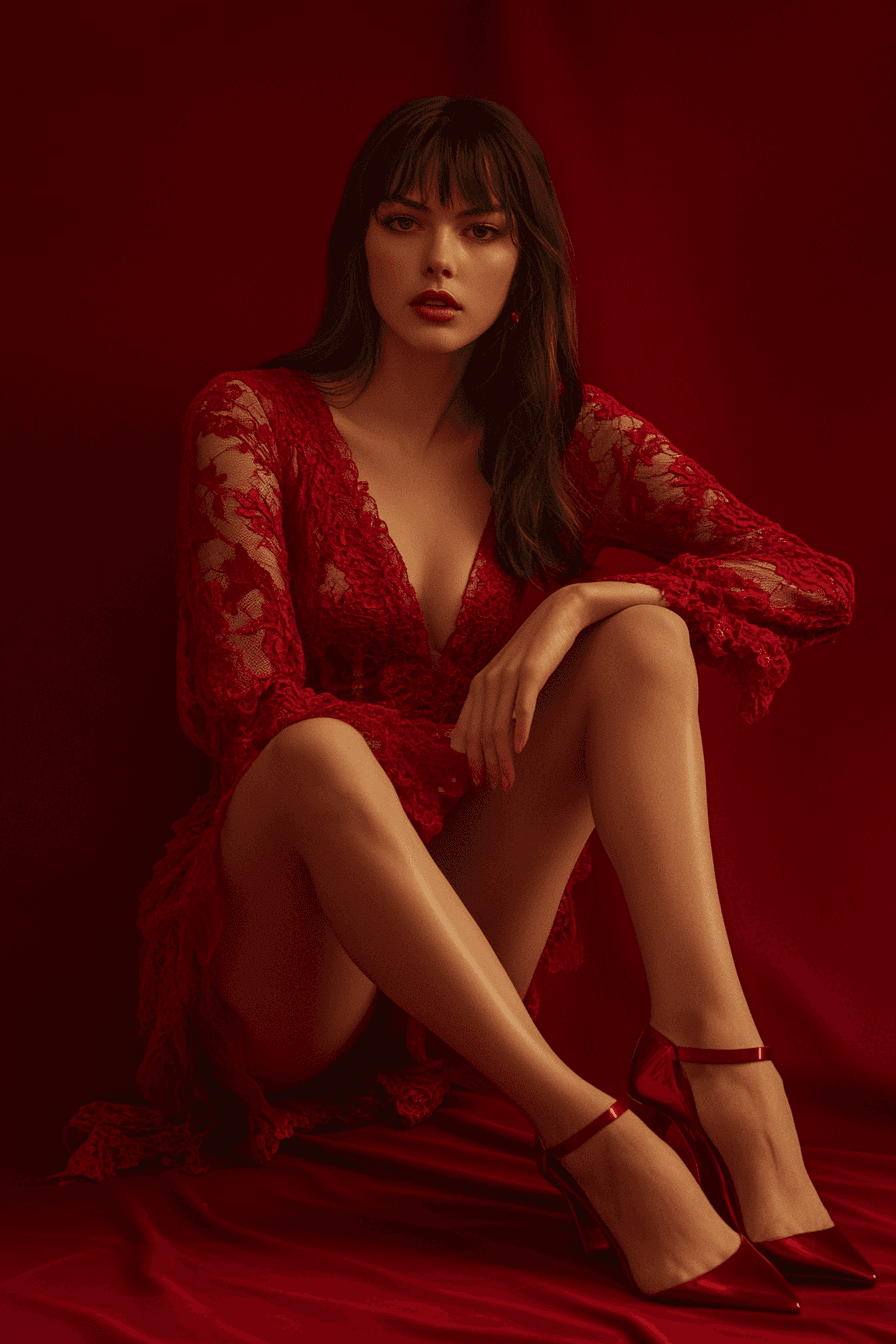 AI generated: Woman, Caucasian, 20s, seated on a deep red surface, wearing a red lace dress with a v-neck, long sl...