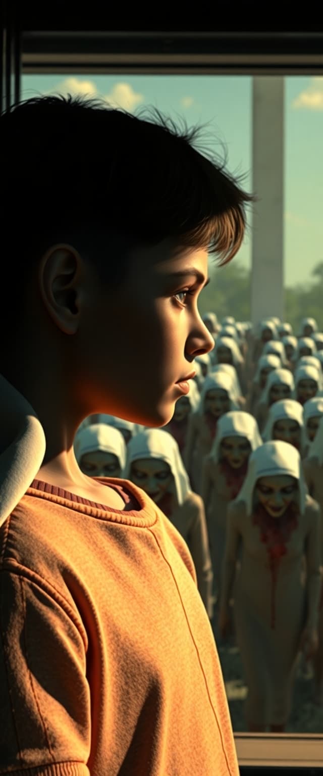 AI generated: A boy looking from a window at daylight and sees many walking womem zombies   . Their body are expos...