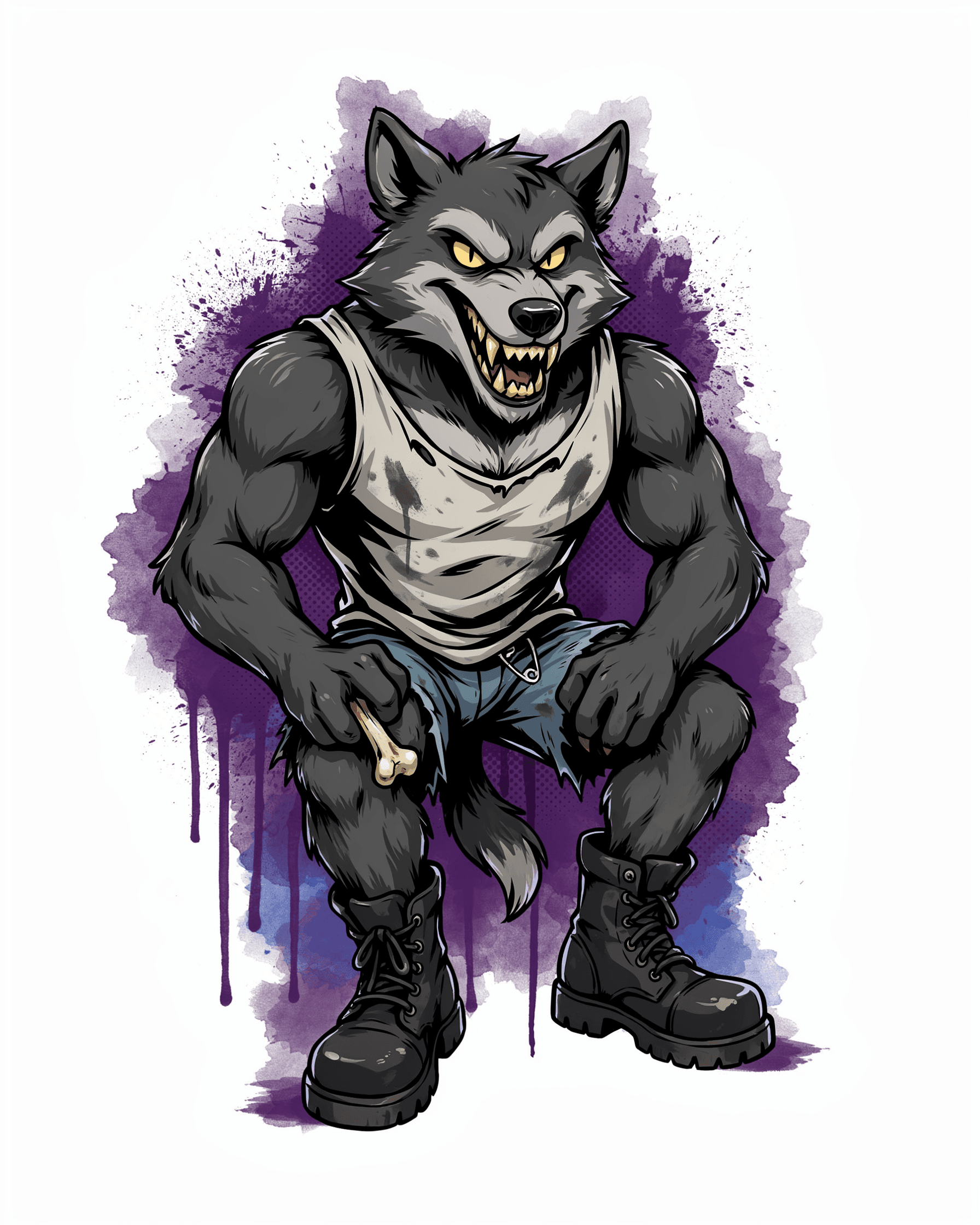 AI generated: Graphic t-shirt design of an evil, aggressive cartoon woolf character sitting down. The tiger has a ...