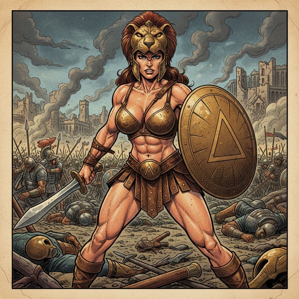 AI generated: Comic book realistic illustration, full body shot of a young gorgeous Spartan woman with thick aesth...