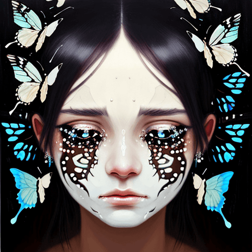 AI generated: a painting of a face with tears transforming into butterflies.