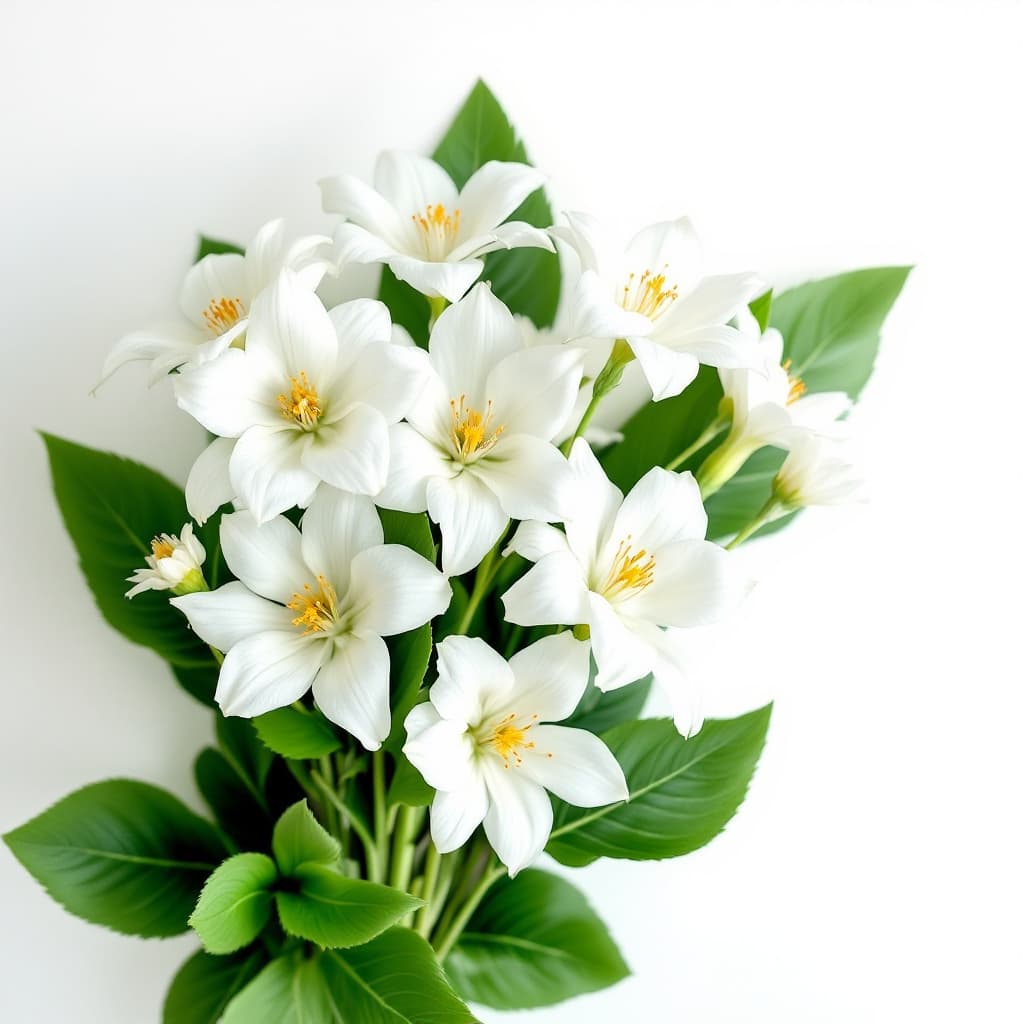 AI generated: A bouquet of white-petaled flowers stands out against a pristine white background, creating a serene...