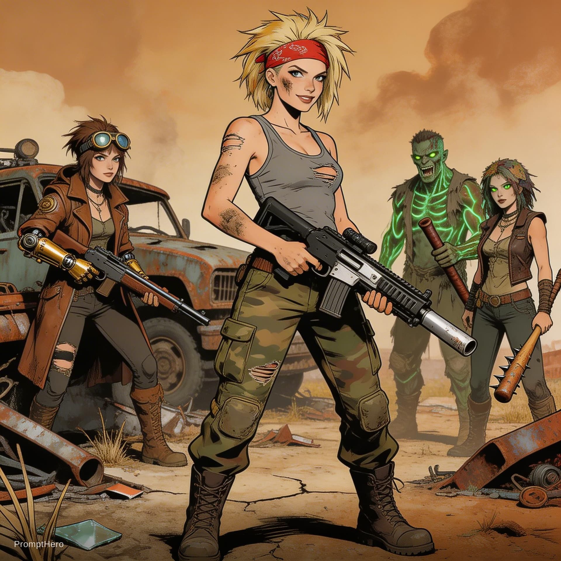 AI generated: Full body shot 3/4 view, young beautiful European woman, holding a gun, random illustrations to fill...