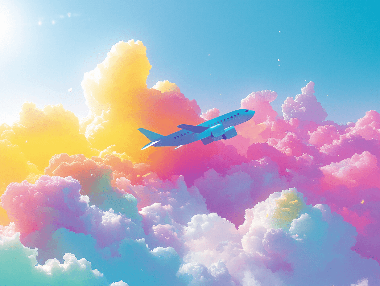 AI generated: Cartoon painting, a small cartoon paper cut airplane flying in light blue sky, light blue proportion...