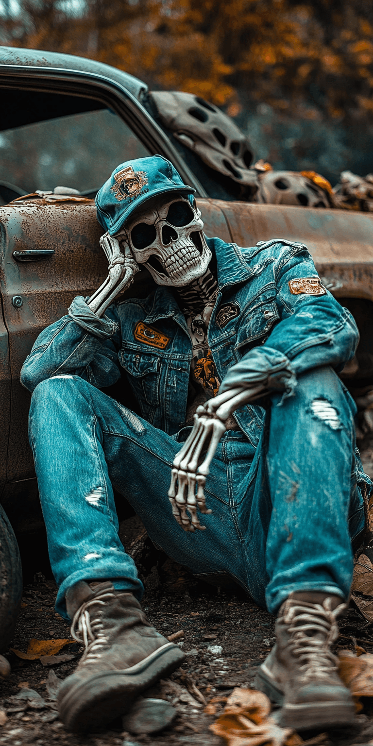 AI generated: A skeleton wearing denim jeans and a baseball cap sits in front of an old car, holding its head with...