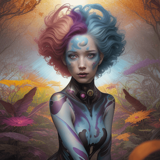 AI generated: beautiful angle view of Species woman individual from another planet with multicolored hair, beautif...
