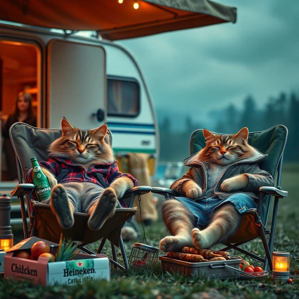 AI generated: Visually striking and dramatic scene, anthropomorphized real cats wearing casual style clothing, laz...
